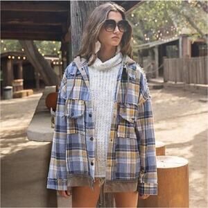NWT POL Button Up Plaid Frayed Jacket with Hood Cornflower Blue Preppy Size S